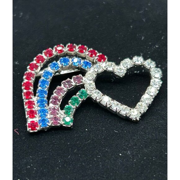 Vintage  Heart  Rainbow Rhinestones Pin Brooch 1.75" - Picture 1 of 6